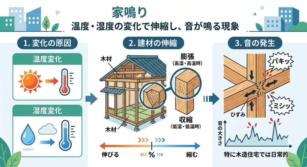 家鳴り（いなり）のメカニズムを解説したインフォグラフィック。
左から右へ3つのステップで現象を説明しています。

変化の原因： 太陽による「温度変化」と、雨雲による「湿度変化」のアイコン。

建材の伸縮： 木造住宅の骨組み図。木材が、高温多湿時に「膨張」し、低温低湿時に「収縮」する様子がズームアップで描かれています。下部には「伸びる」と「縮む」を示すオレンジと青の矢印スケールがあります。

音の発生： 木材の接合部にひずみが生じ、「パキッ」「ミシッ」という擬音と共に衝撃波のようなエフェクトが描かれています。下部には音の大きさを表す波形グラフがあり、「特に木造住宅では日常的」という説明が添えられています。
