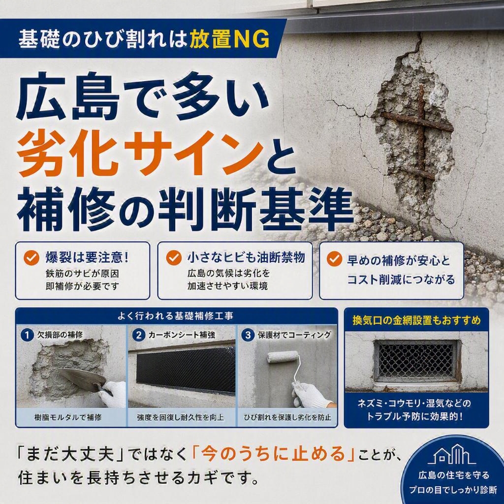 【基礎のひび割れは放置NG】広島で多い劣化サインと補修の判断基準