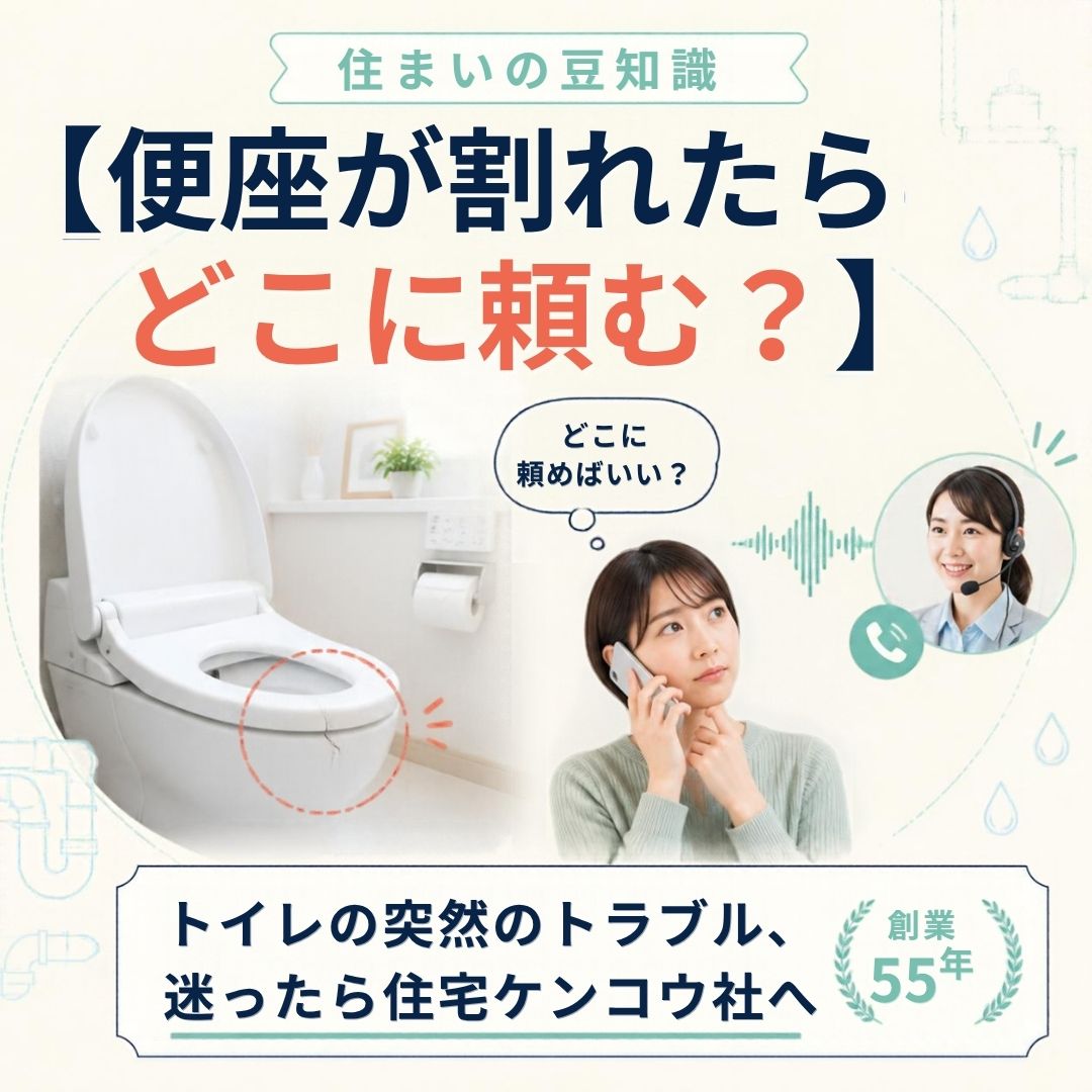 【便座が割れたらどこに頼む？】トイレの突然のトラブル、迷ったら創業55年の住宅ケンコウ社へご相談ください